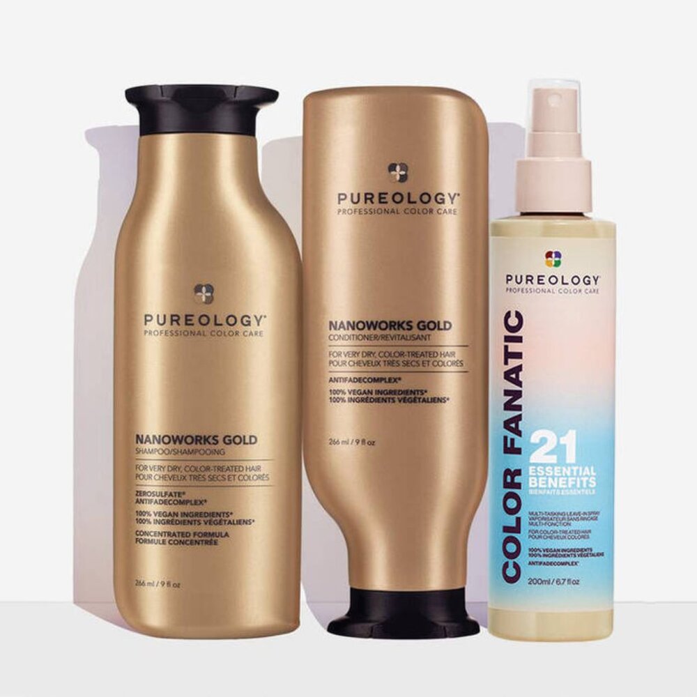 Pureology Nano Works Gold Shampoo & Conditioner Set 9OZ EACH PLUS FANATIC SPRAY